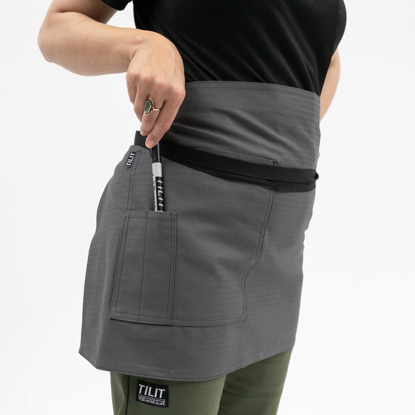 TILIT's Shorty Apron in Charcoal Herringbone Cotton 