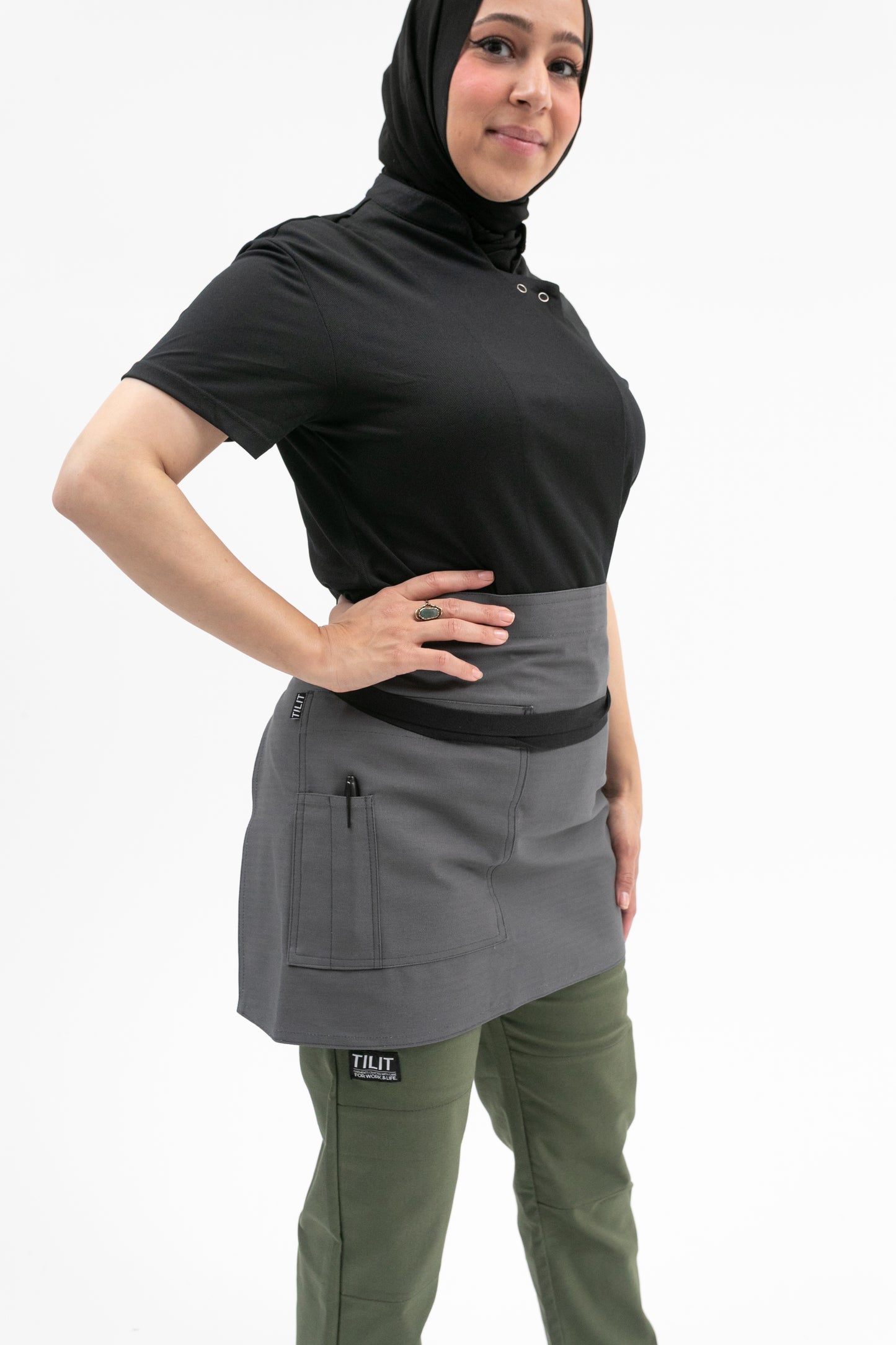 TILIT's Shorty Apron in Charcoal Herringbone Cotton 