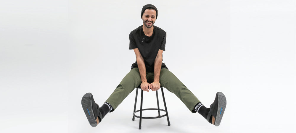 TILIT model in Essential Pants in Olive Green and Henley Tee in Black