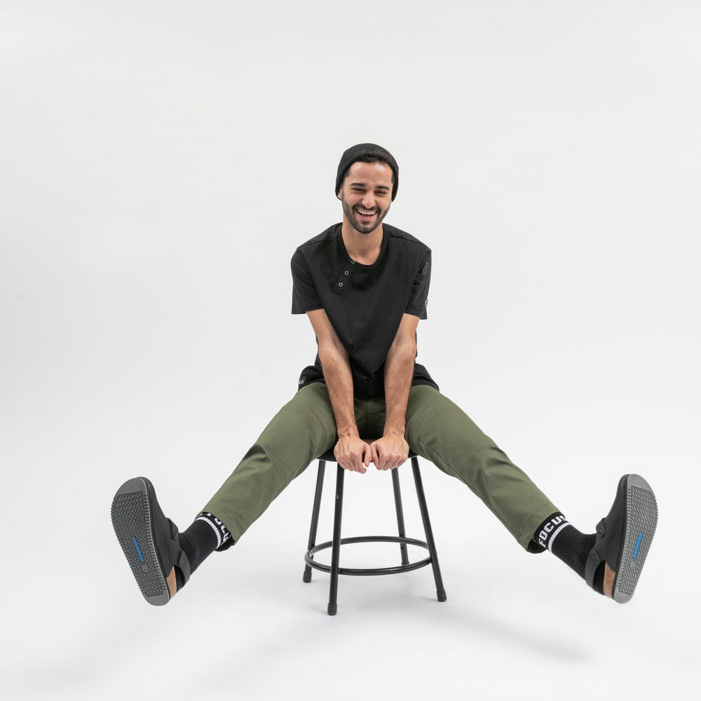 TILIT model in Essential Pants in Olive Green and Henley Tee in Black